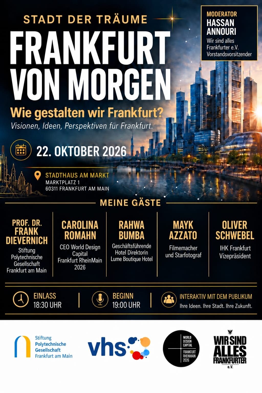 Einladungsflyer „Stadt der Träume – Frankfurt von morgen“ am 22. Oktober 2026 im Stadthaus am Markt